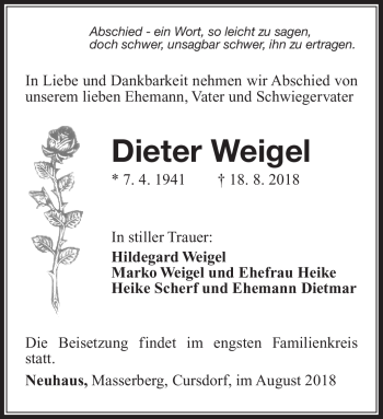 Traueranzeige von Dieter Weigel von Südthüringer Presse