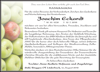 Traueranzeige von Joachim Eckardt von Südthüringer Presse