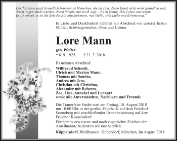 Traueranzeige von Lore Mann von Südthüringer Presse