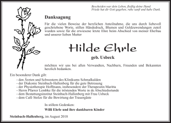 Traueranzeige von HIlde Ehrle von Südthüringer Presse