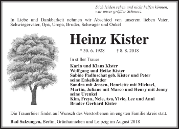 Traueranzeige von Heinz Kister von Südthüringer Presse