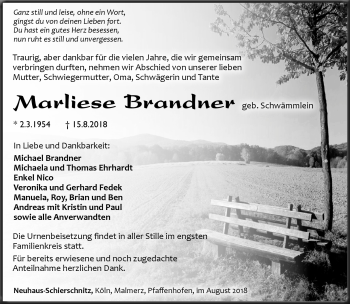 Traueranzeige von Marlies Brandner von Südthüringer Presse