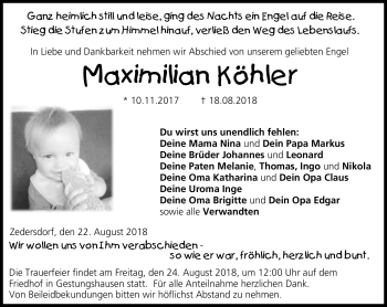 Traueranzeige von Maximilian Köhler von Neue Presse Coburg