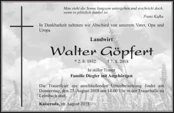 Traueranzeige von Walter Göpfert von Südthüringer Presse