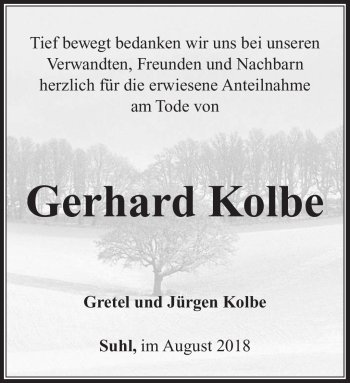 Traueranzeige von Gerhard Kolbe von Südthüringer Presse