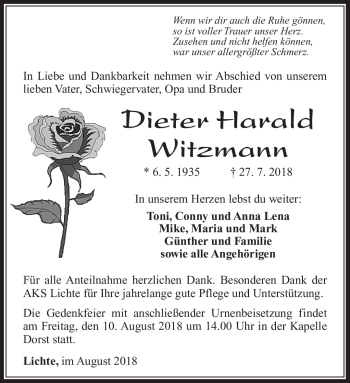 Traueranzeige von Dieter Harald Witzmann von Südthüringer Presse