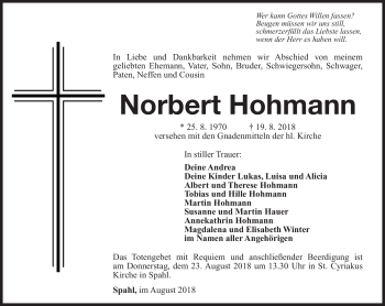 Traueranzeige von Norbert Hohmann von Südthüringer Presse