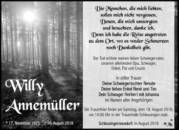 Traueranzeige von Willy Annemüller von Südthüringer Presse