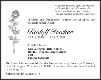 Traueranzeige von Rudolf Fischer von Südthüringer Presse
