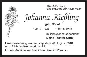Traueranzeige von Johanna Kießling von Frankenpost