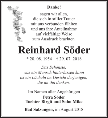 Traueranzeige von Reinhard Söder von Südthüringer Presse