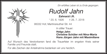 Traueranzeige von Rudolf Jahn von Frankenpost