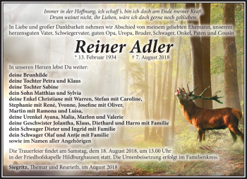 Traueranzeige von REiner Adler von Südthüringer Presse