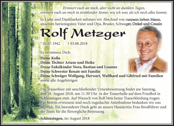Traueranzeige von Rolf Metzger von Südthüringer Presse