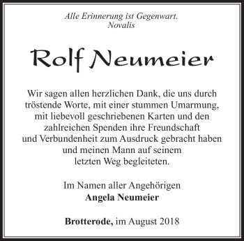 Traueranzeige von Rolf Neumeier von Südthüringer Presse