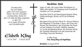 Traueranzeige von Elsbeth Kling von Südthüringer Presse