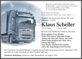 Traueranzeige von Klaus Scheller von Südthüringer Presse