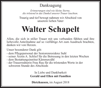 Traueranzeige von Walter Schapelt von Südthüringer Presse