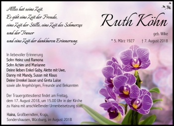 Traueranzeige von Ruth Köhn von Südthüringer Presse