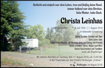 Traueranzeige von Christa Leinhas von Südthüringer Presse