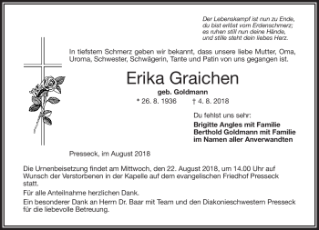 Traueranzeige von Erika Graichen von Frankenpost