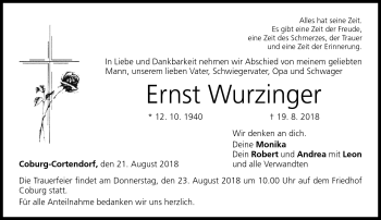 Traueranzeige von Ernst Wurzinger von Neue Presse Coburg