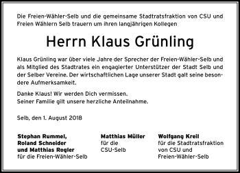 Traueranzeige von Klaus Grünling von Frankenpost