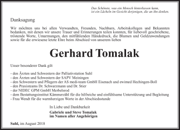 Traueranzeige von Gerhard Tomalak von Südthüringer Presse