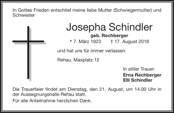 Traueranzeige von Josepha Schindler von Frankenpost