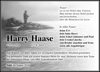 Traueranzeige von Harry Haase von Südthüringer Presse