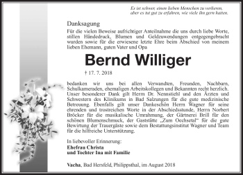 Traueranzeige von Bernd Williger von Südthüringer Presse
