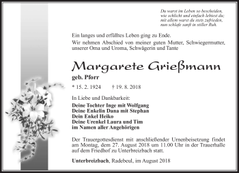 Traueranzeige von Margarete Grießmann von Südthüringer Presse