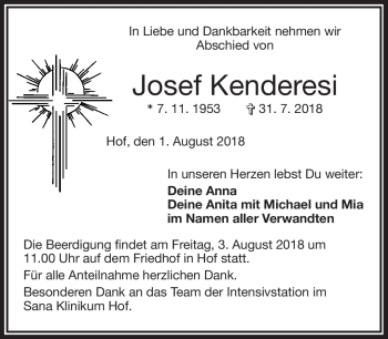 Traueranzeige von Josef Kenderesi von Frankenpost