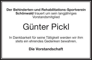 Traueranzeige von Günter Pickl von Frankenpost