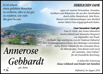 Traueranzeige von Annerose Gebhardt von Südthüringer Presse