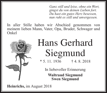 Traueranzeige von Hans Gerhard Siegmund von Südthüringer Presse