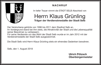 Traueranzeige von Klaus Grünling von Frankenpost