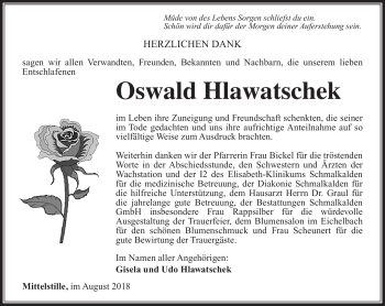Traueranzeige von Oswald Hlawatschek von Südthüringer Presse