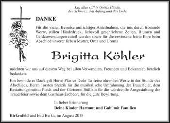 Traueranzeige von Brigitta Köhler von Südthüringer Presse