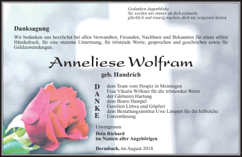 Traueranzeige von Anneliese Wolfram von Südthüringer Presse