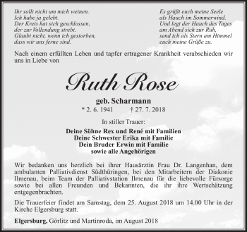 Traueranzeige von Ruth Rose von Südthüringer Presse