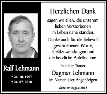 Traueranzeige von Ralf Lehmann von Südthüringer Presse
