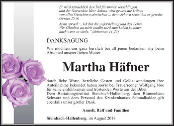 Traueranzeige von Martha Häfner von Südthüringer Presse