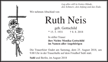 Traueranzeige von Ruth Neis von Südthüringer Presse