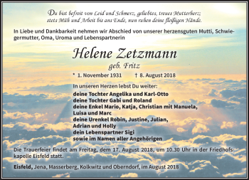 Traueranzeige von Helene Zetzmann von Südthüringer Presse
