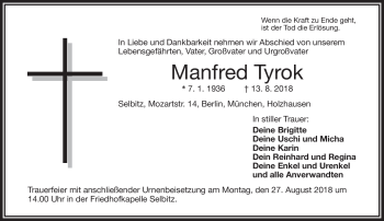 Traueranzeige von Manfred Tyrok von Frankenpost
