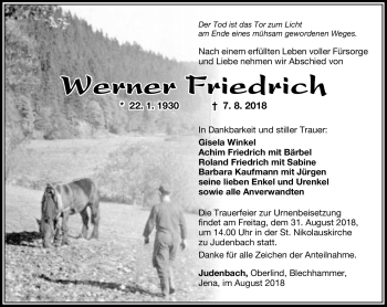 Traueranzeige von Werner Friedrich von Südthüringer Presse