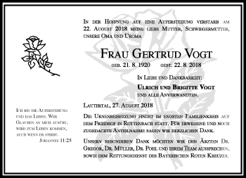 Traueranzeige von Gertrud Vogt von Neue Presse Coburg