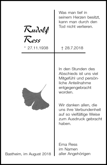 Traueranzeige von Rudolf Ress von Südthüringer Presse