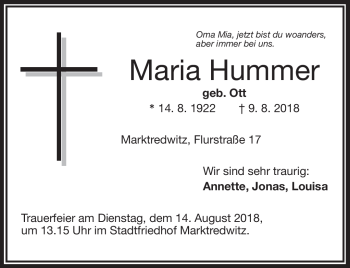 Traueranzeige von Maria Hummer von Frankenpost